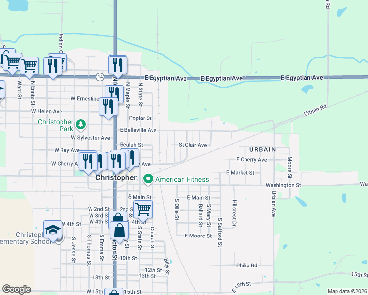 map of restaurants, bars, coffee shops, grocery stores, and more near 201-299 Elm Street in Christopher