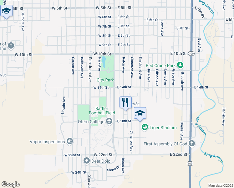 map of restaurants, bars, coffee shops, grocery stores, and more near 1400-1598 Raton Ave in La Junta