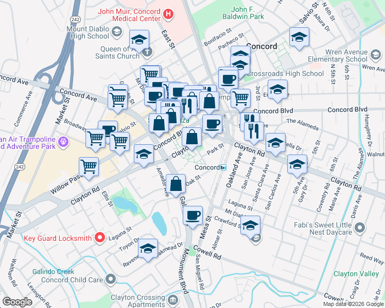 map of restaurants, bars, coffee shops, grocery stores, and more near 1575 Grant Street in Concord