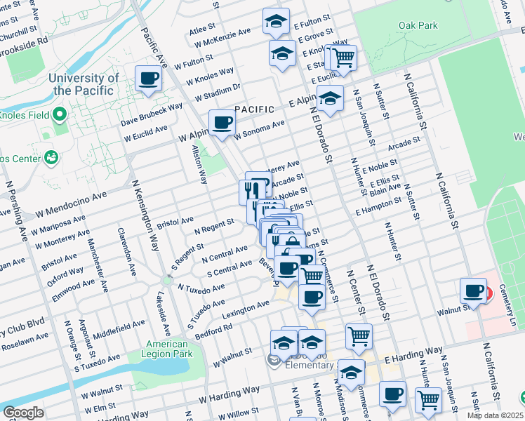 map of restaurants, bars, coffee shops, grocery stores, and more near 2562 Pacific Avenue in Stockton