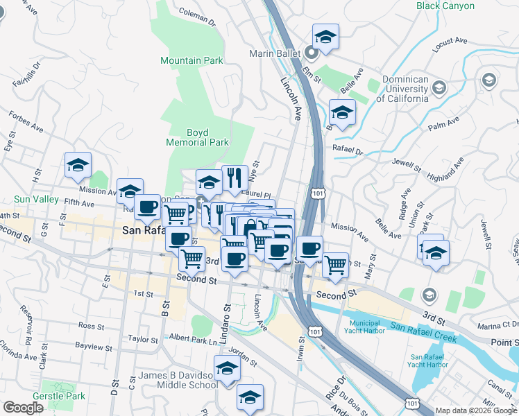 map of restaurants, bars, coffee shops, grocery stores, and more near 820 Fifth Avenue in San Rafael