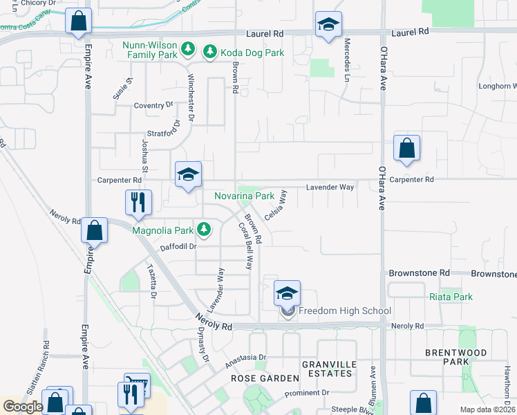 map of restaurants, bars, coffee shops, grocery stores, and more near 1008 Hollyhock Drive in Oakley