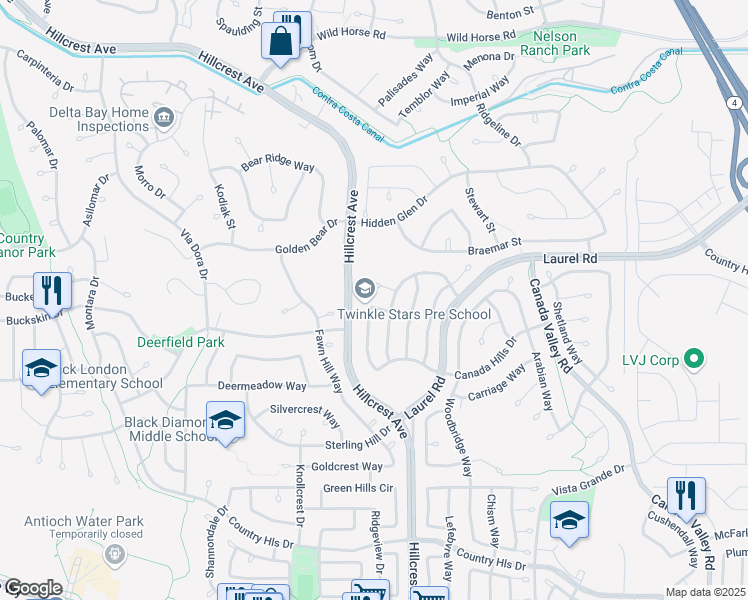 map of restaurants, bars, coffee shops, grocery stores, and more near 4912 Spur Way in Antioch