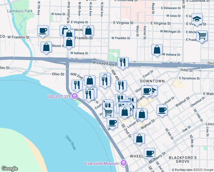 map of restaurants, bars, coffee shops, grocery stores, and more near 405 Carpenter Street in Evansville