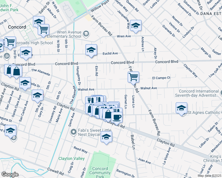 map of restaurants, bars, coffee shops, grocery stores, and more near Walnut Ave & Ducker Ct in Concord