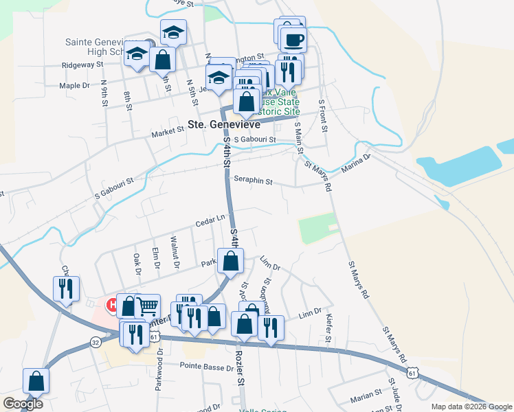 map of restaurants, bars, coffee shops, grocery stores, and more near 220 Gerard Street in Ste. Genevieve