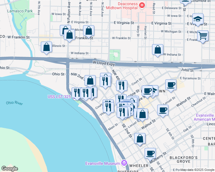 map of restaurants, bars, coffee shops, grocery stores, and more near 405 Carpenter Street in Evansville