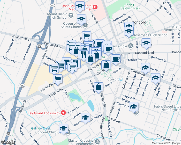 map of restaurants, bars, coffee shops, grocery stores, and more near in Concord
