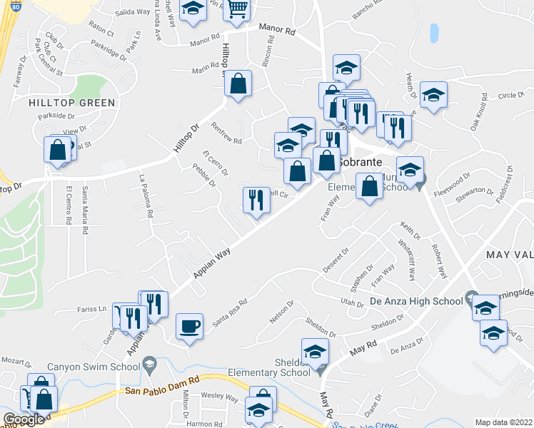 map of restaurants, bars, coffee shops, grocery stores, and more near 4827 Appian Way in El Sobrante