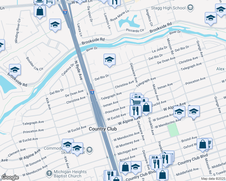 map of restaurants, bars, coffee shops, grocery stores, and more near 2430 Telegraph Avenue in Stockton