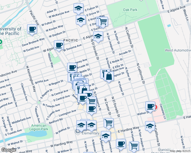 map of restaurants, bars, coffee shops, grocery stores, and more near 12 West Geary Street in Stockton