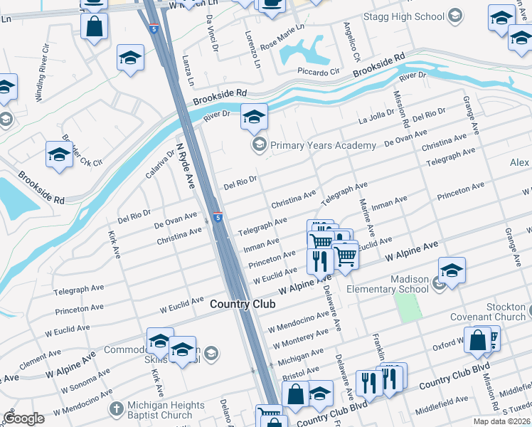 map of restaurants, bars, coffee shops, grocery stores, and more near 2430 Telegraph Avenue in Stockton
