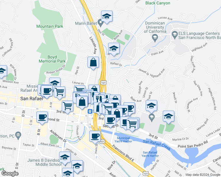 map of restaurants, bars, coffee shops, grocery stores, and more near 532 Mission Avenue in San Rafael
