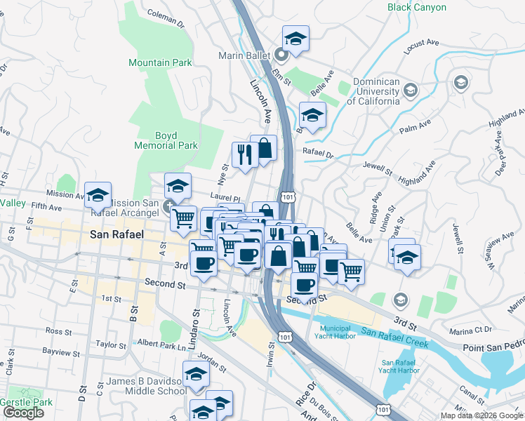 map of restaurants, bars, coffee shops, grocery stores, and more near 633 Mission Avenue in San Rafael