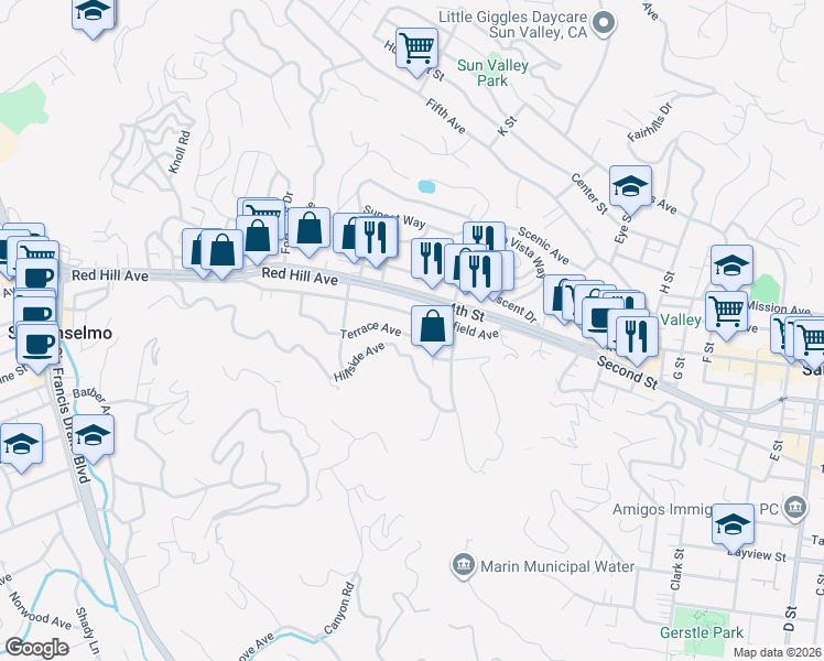 map of restaurants, bars, coffee shops, grocery stores, and more near 140 Terrace Avenue in San Rafael