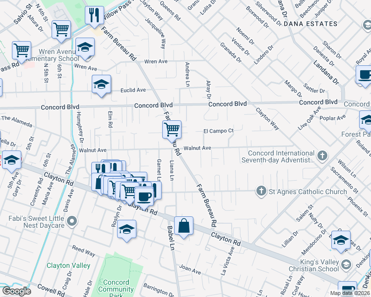 map of restaurants, bars, coffee shops, grocery stores, and more near Walnut Avenue in Concord