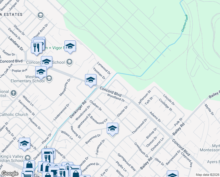 map of restaurants, bars, coffee shops, grocery stores, and more near 4420 Crestwood Circle in Concord