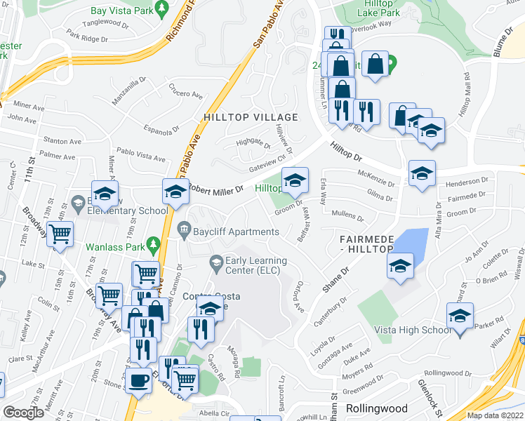 map of restaurants, bars, coffee shops, grocery stores, and more near 3111 Birmingham Drive in Richmond