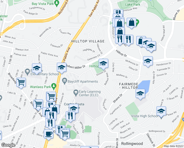 map of restaurants, bars, coffee shops, grocery stores, and more near 3111 Birmingham Drive in San Pablo