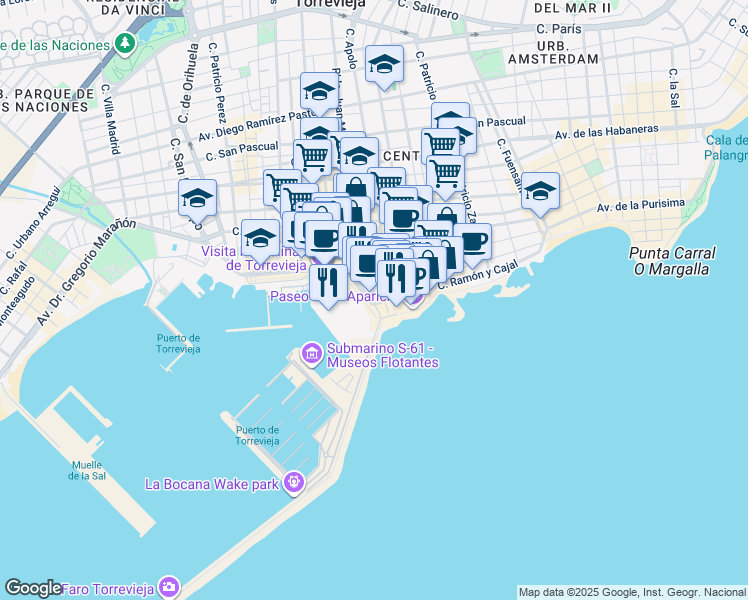 map of restaurants, bars, coffee shops, grocery stores, and more near 8B Paseo de la Libertad in Torrevieja
