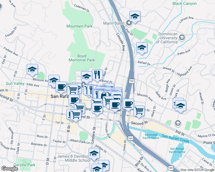 map of restaurants, bars, coffee shops, grocery stores, and more near 820 Fifth Avenue in San Rafael
