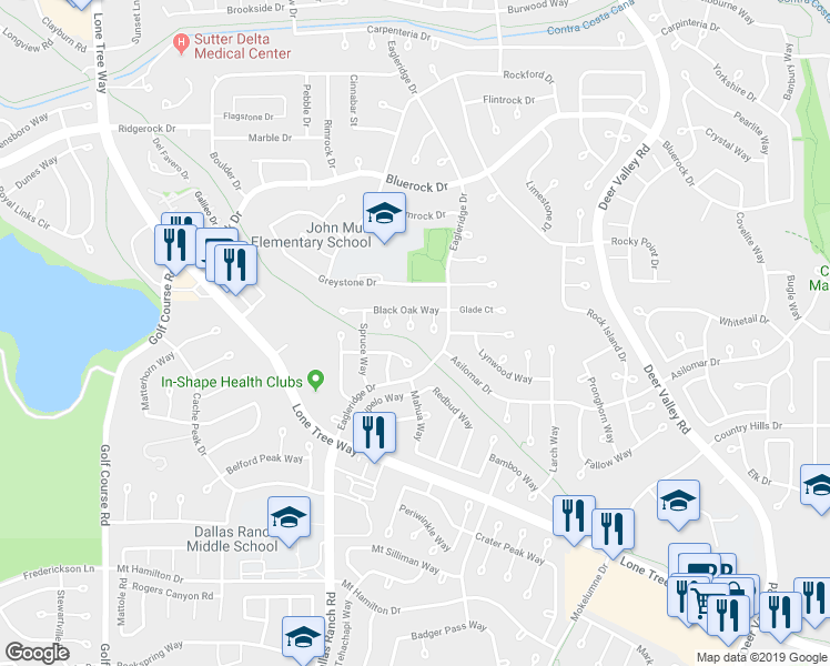 map of restaurants, bars, coffee shops, grocery stores, and more near 2015 Barkwood Court in Antioch