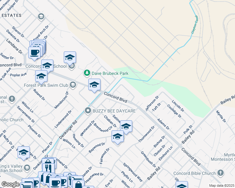 map of restaurants, bars, coffee shops, grocery stores, and more near 4428 Willowood Court in Concord