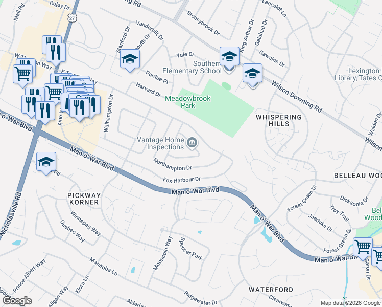 map of restaurants, bars, coffee shops, grocery stores, and more near 316 Chamberlain Drive in Lexington