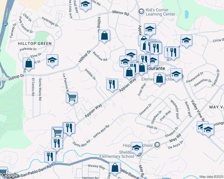 map of restaurants, bars, coffee shops, grocery stores, and more near 4811 Appian Way in El Sobrante