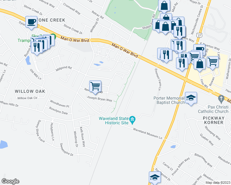 map of restaurants, bars, coffee shops, grocery stores, and more near 465 Newbury Way in Lexington