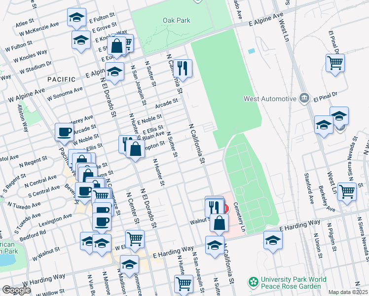 map of restaurants, bars, coffee shops, grocery stores, and more near 477 East Hampton Street in Stockton