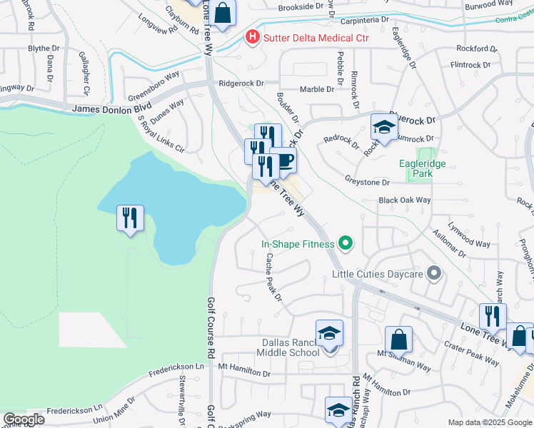 map of restaurants, bars, coffee shops, grocery stores, and more near 4655 Golf Course Road in Antioch