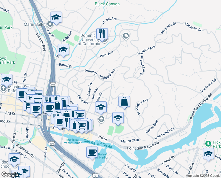 map of restaurants, bars, coffee shops, grocery stores, and more near 217 Jewell Street in San Rafael