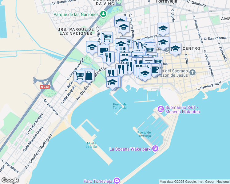 map of restaurants, bars, coffee shops, grocery stores, and more near 7 Calle Salero in Torrevieja