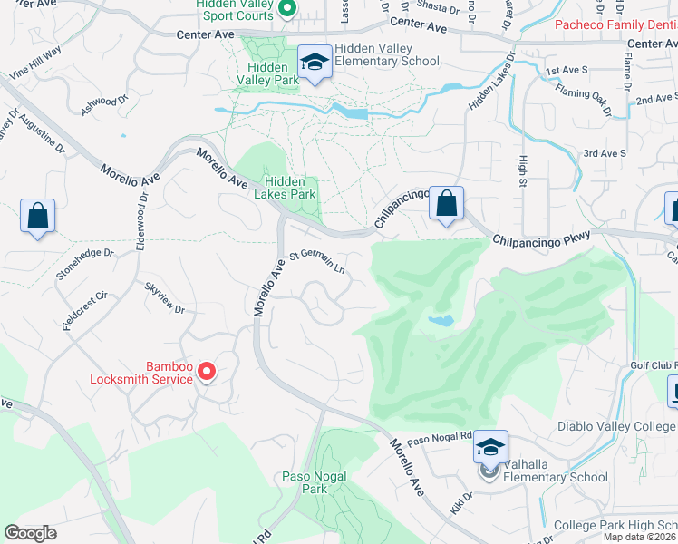 map of restaurants, bars, coffee shops, grocery stores, and more near 48 Saint Claire Court in Pleasant Hill
