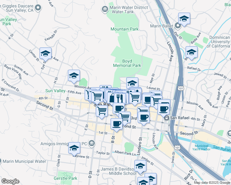 map of restaurants, bars, coffee shops, grocery stores, and more near 1115 B Street in San Rafael