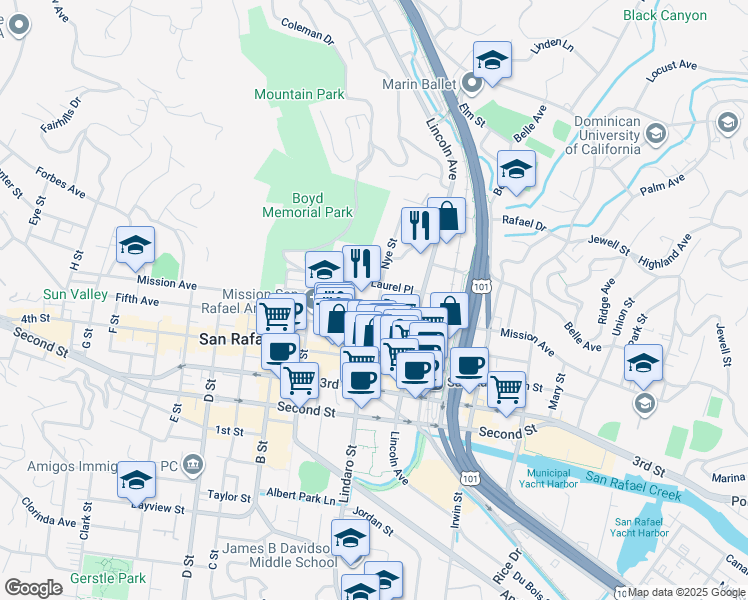 map of restaurants, bars, coffee shops, grocery stores, and more near 132 Laurel Place in San Rafael