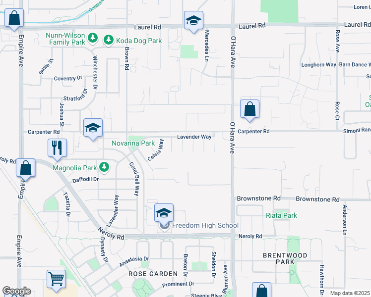 map of restaurants, bars, coffee shops, grocery stores, and more near 43 Sorrel Court in Oakley