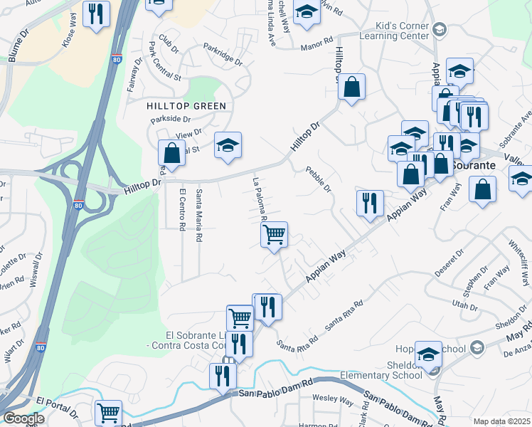 map of restaurants, bars, coffee shops, grocery stores, and more near 636 La Paloma Road in El Sobrante