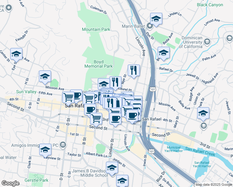 map of restaurants, bars, coffee shops, grocery stores, and more near 225 Laurel Place in San Rafael