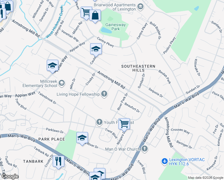 map of restaurants, bars, coffee shops, grocery stores, and more near 3600 Grace Drive in Lexington