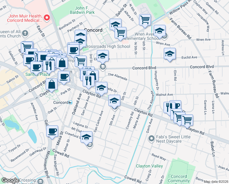 map of restaurants, bars, coffee shops, grocery stores, and more near 2973 Bella Drive in Concord