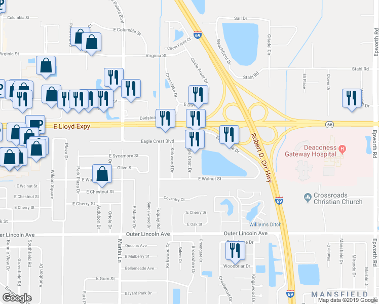 map of restaurants, bars, coffee shops, grocery stores, and more near 337 Eagle Crest Drive in Evansville