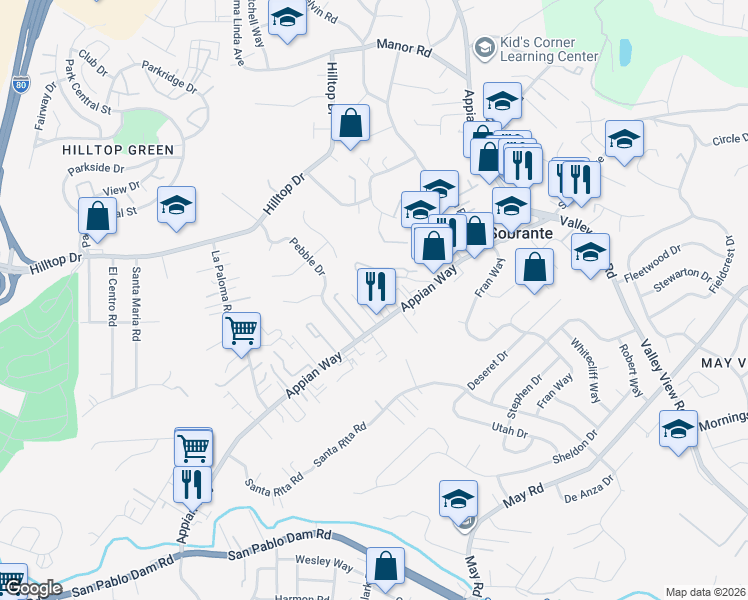 map of restaurants, bars, coffee shops, grocery stores, and more near 4815 Appian Way in El Sobrante