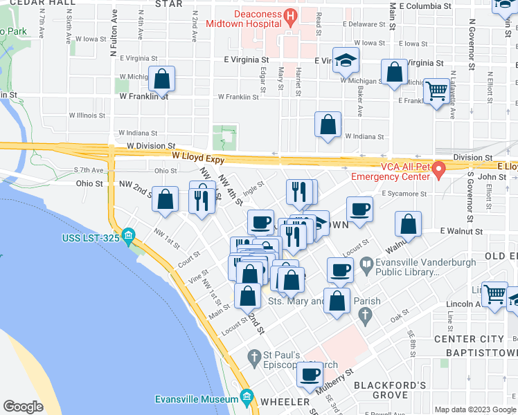 map of restaurants, bars, coffee shops, grocery stores, and more near 500 Court Street in Evansville
