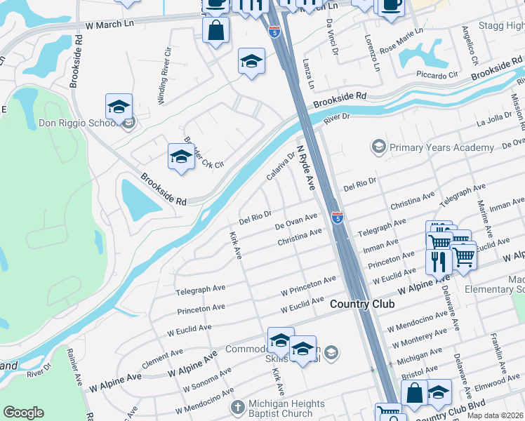 map of restaurants, bars, coffee shops, grocery stores, and more near 3847 Cal Rio Place in Stockton