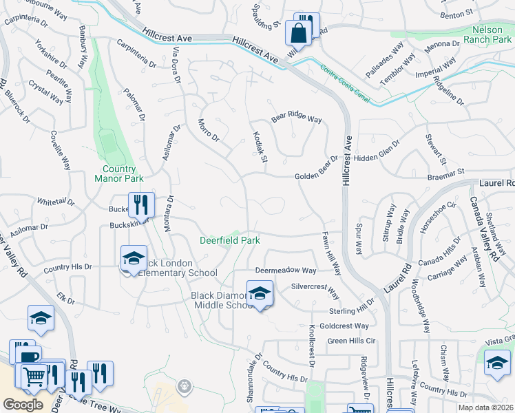 map of restaurants, bars, coffee shops, grocery stores, and more near 4501 Wildcat Circle in Antioch