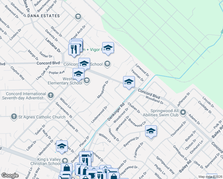map of restaurants, bars, coffee shops, grocery stores, and more near 1770 Forest Court in Concord