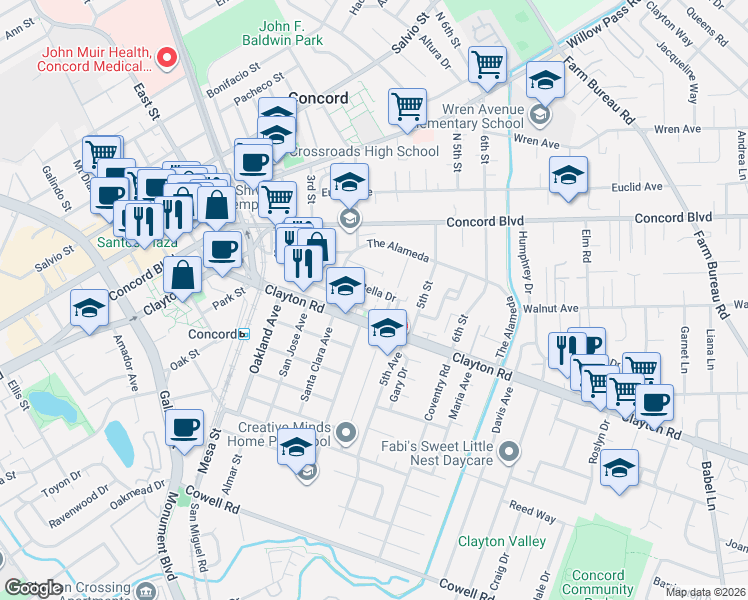 map of restaurants, bars, coffee shops, grocery stores, and more near 2976 Bella Drive in Concord