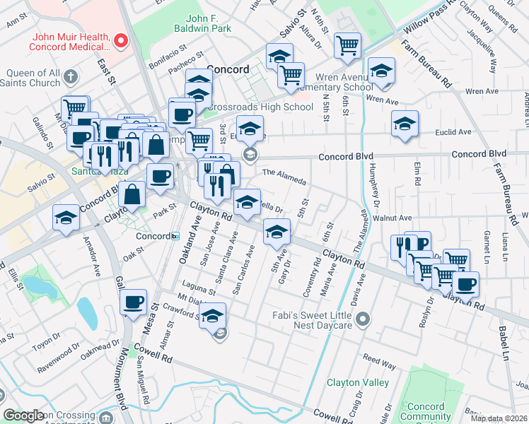 map of restaurants, bars, coffee shops, grocery stores, and more near 2973 Bella Drive in Concord